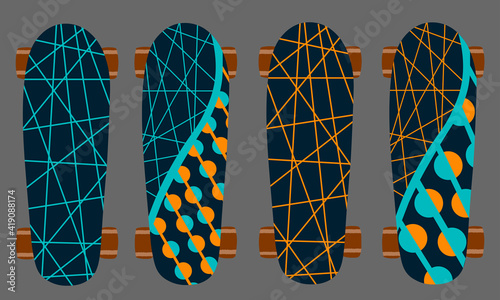 Vector set of skateboard. Dark blue and orange colors, striped-circle pattern for creative design decoration