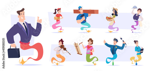 Fantasy genie. Fairy tale funny characters in clouds from smoke living in golden lamp flying in action poses vector profession persons. Illustration profession foreman, repair man, fairy wish jinn