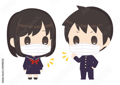 マスクをつけてお喋りする学生男女のイラスト