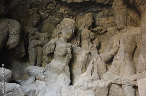 Carved idol of stone inside Cave 1, Elephanta Caves, Gharapuri island, Mumbai, Maharashtra, India