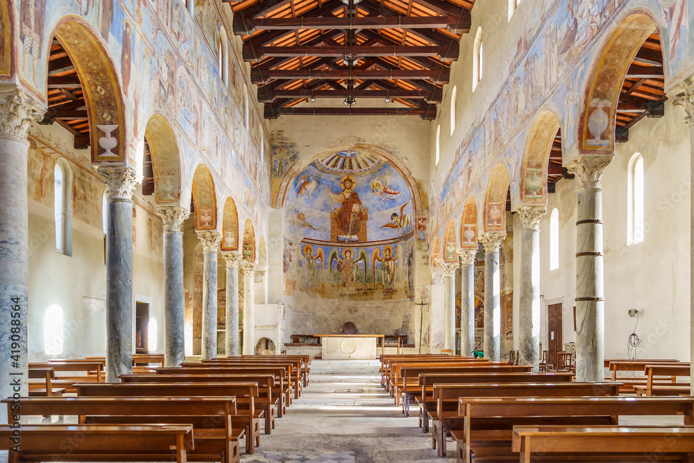 Inside of Benedictine Abbey of Sant’Angelo in Formis, the walls are covered with frescoes from the second half of the 11th century. Capua, Campania, Italy.