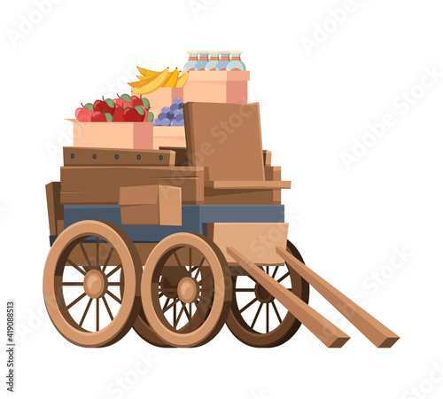 Wooden wagon with products. Old style carriage farm vehicles with big wheels garish vector isolated ancient transport picture. Illustration wagon wooden with fruits and farm product