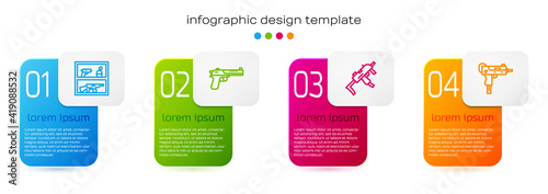 Set line Hunting shop weapon, Desert eagle gun, MP9I submachine and UZI. Business infographic template. Vector.