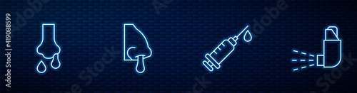 Set line Syringe, Runny nose, and Inhaler. Glowing neon icon on brick wall. Vector.