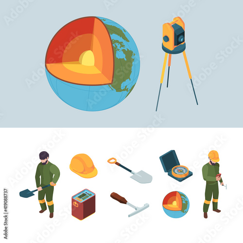Geology exploration. Earth mantle layers garish vector isometric processes geologist equipment helmet. Illustration earth mantle, structure geology exploration