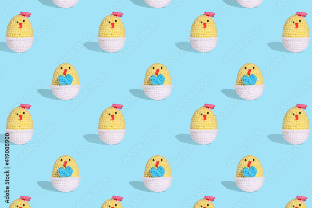 . seamless easter pattern. Knitted chicken on a blue background. Blank for festive packaging . seamless easter pattern. Knitted chicken on a blue background. Blank for festive packaging