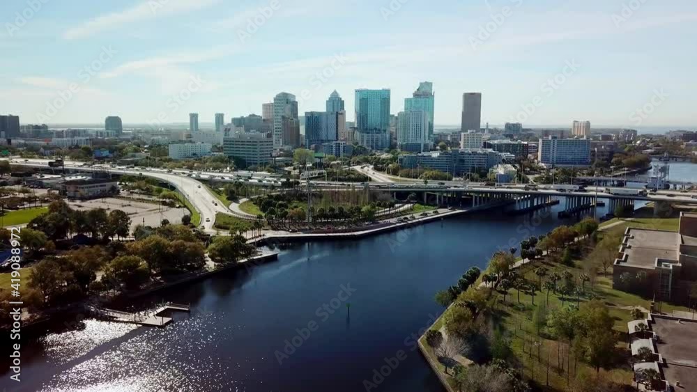 Aerial Zoom into Tampa Florida Skyline with River and Traffic Aerial Zoom into Tampa Florida Skyline with River and Traffic
