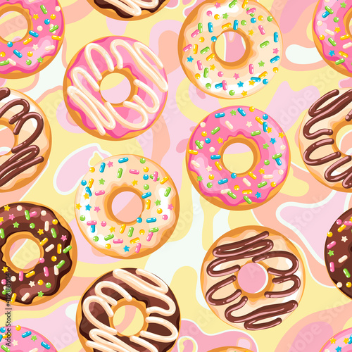 Delicious fresh sweet donut from a pastry bakery. Dessert coated with colored glaze. High-calorie pink strawberry, chocolate brown, white vanilla sweet snack. Seamless background with pattern.