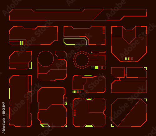 Hud elements. Futuristic frames and borders technologic panels shapes tech symbols garish vector hud set isolated. Illustration screen interface panel, dashboard border tech