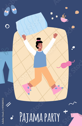 Pajama party banner or poster mockup with cheerful young girl in bed, cartoon vector illustration. Invitation card design for slumber or sleepover party.