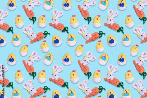 . seamless easter pattern. Knitted chicken on a blue background. Blank for festive packaging