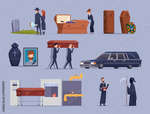 Death ceremony. Burial dying people big loss psychology problems cemetery rip tomb grave exact vector cartoon illustrations collection. Burial and funeral, death ceremony mourning
