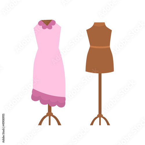 Tailor mannequin empty and with beautiful dress, cartoon vector illustration isolated on white background. Tailor shop or sewing studio equipment collection.