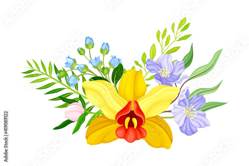 Fragrant Orchid Bloom with Labellum Arranged with Floral Branches Vector Illustration