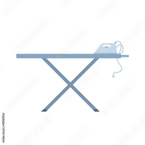 Ironing board with electric iron, flat cartoon vector illustration isolated on white background. Folding ironing board for tailoring and clothes sewing.