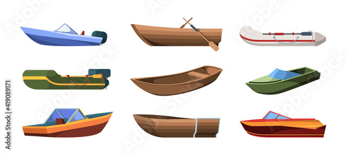 Boats types. Wooden ships for ocean or marine sail garish vector transport for river flat illustrations set isolated. sea, Boat for ocean, ship and yacht for trip