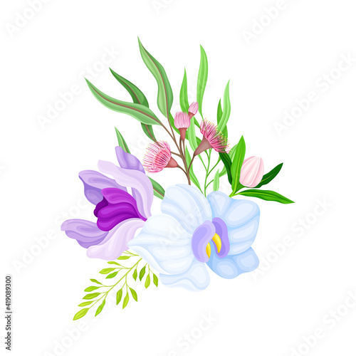 Tender Orchid Flower Arranged with Flowering Stems and Twigs Vector Illustration