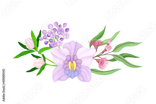 Tender Orchid Flower Arranged with Flowering Stems and Twigs Vector Illustration