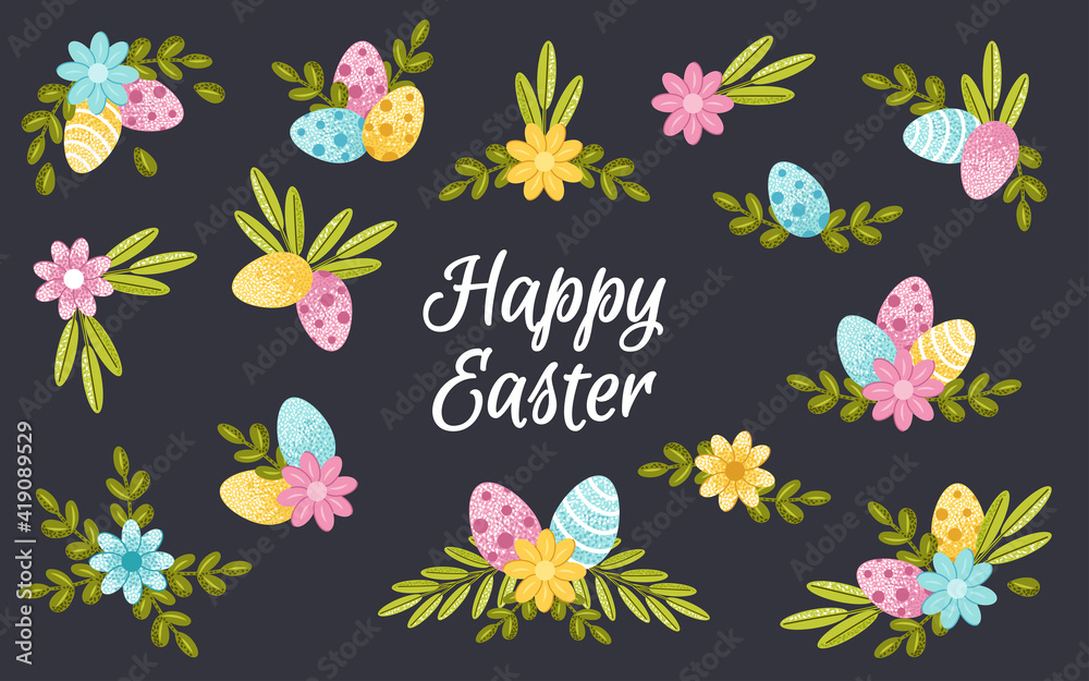Happy Easter. Set of isolated holiday elements for decor a greeting card with eggs and spring foliage with flowers. Vector illustration