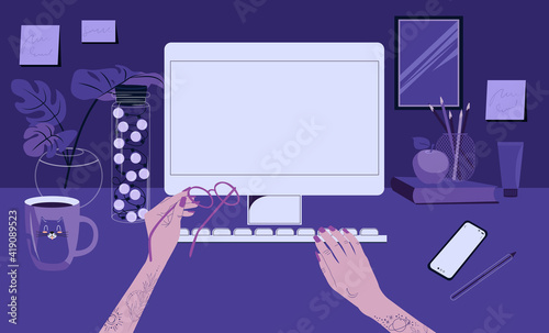 First-person view of the girl at her desk. Work at the computer monitor in the evening. Flat vector illustration