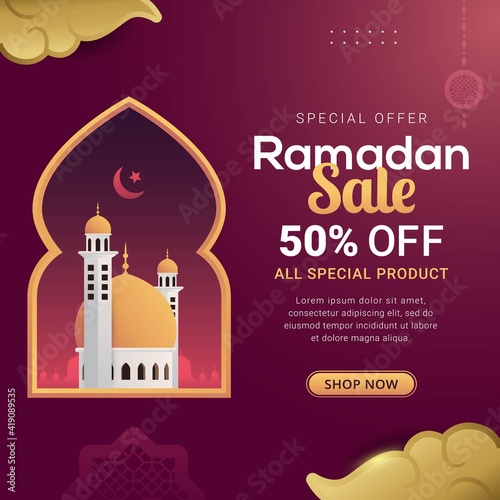 Ramadan sale banner discount template design for business promotion. Ramadan kareem islamic holy month