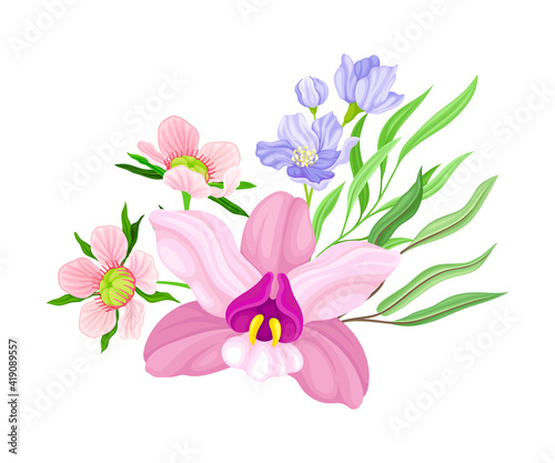 Purple Orchid Bloom with Labellum Arranged with Floral Branches Vector Illustration