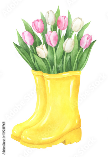 Rubber Boots with Tulips Illustration