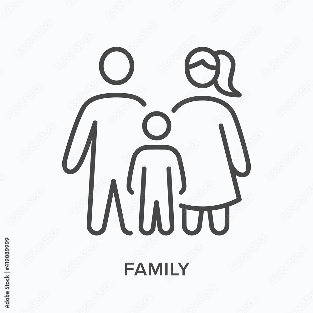 Family flat line icon. Vector outline illustration of male ,female and kid. Black thin linear pictogram for adult people Family flat line icon. Vector outline illustration of male ,female and kid. Black thin linear pictogram for adult people