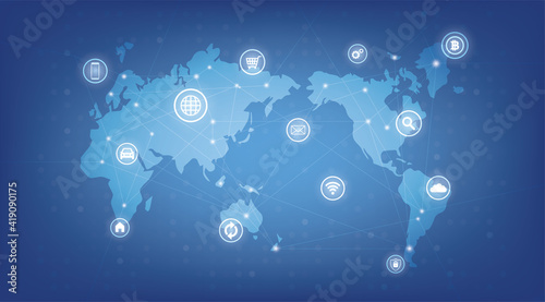 Internet of things (IoT).Spider web of network connections with on a futuristic blue background.