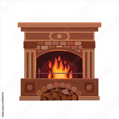 Classic stone wood and stone with bright burning fire with wood burning. Comfortable, cozy, warm, home fireplace. Vector flat illustration.