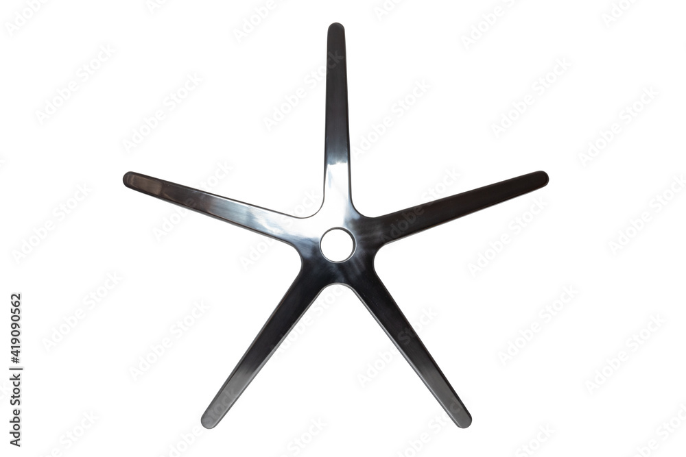 Components of an computer chair. Closeup of a Aluminium base without castors for an office swivel isolated on a white background. Clipping path. Macro. Components of an computer chair. Closeup of a Aluminium base without castors for an office swivel isolated on a white background. Clipping path. Macro.