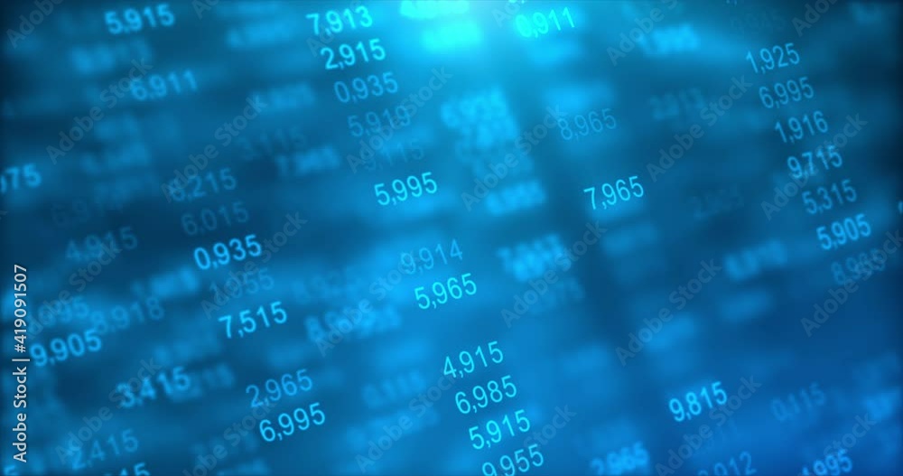 Random digit number with updating stats, stock and number of sales, percentage, growth, decline. Abstract financial background, economic report forecast for business finance and stock growing concept
