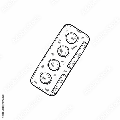 Cute hand drawn blister with pills. Vector