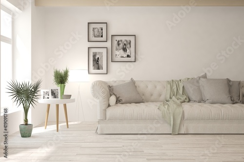 White living room with sofa. Scandinavian interior design. 3D illustration