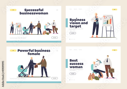Businesswoman mother concept of set of landing page templates with cartoon business lady