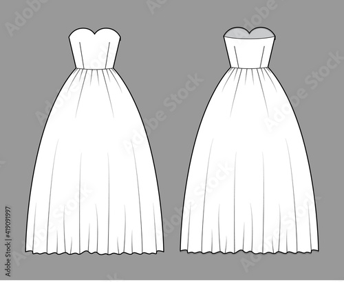 Crinoline dress technical fashion illustration with strapless sweetheart neckline, long floor length, full skirt. Flat apparel template front, back, white color style. Women, men unisex CAD mockup
