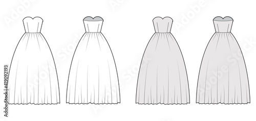 Crinoline dress technical fashion illustration with strapless sweetheart neckline, long floor length, full skirt. Flat apparel template front, back, white grey color style. Women men unisex CAD mockup