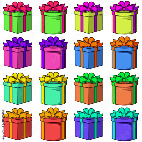 Set Colorful Gift Boxes Square and Round Forms with Bows, Holiday Symbols, Isolated on White Background. Vector