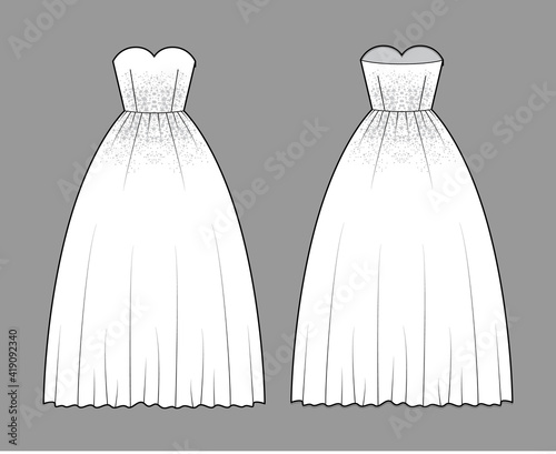 Crinoline dress technical fashion illustration with strapless sweetheart neckline, floor length, full skirt, embellishment motif. Flat template front, back, white color style. Women, unisex CAD mockup