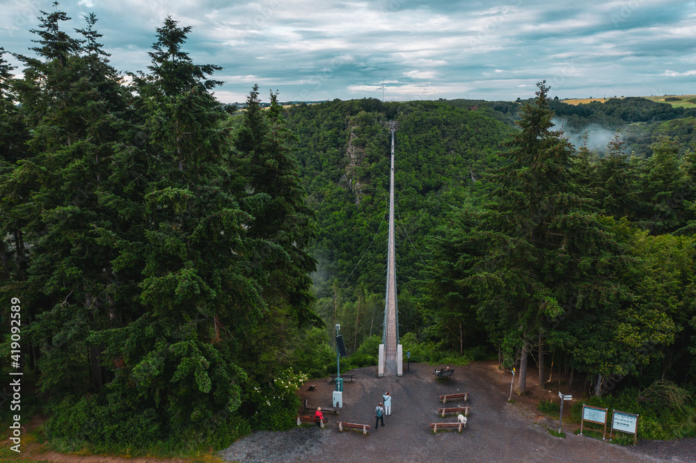 Panoramic view of the Geierlay suspension bridge in its entire length, Germany. Drone photography.