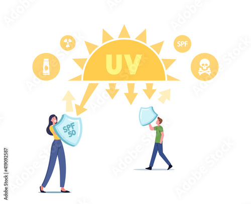 Uv Radiation, Solar Ultraviolet Protection Concept. Characters with Shields Reflect Danger Sunlight Beams. Skin Care