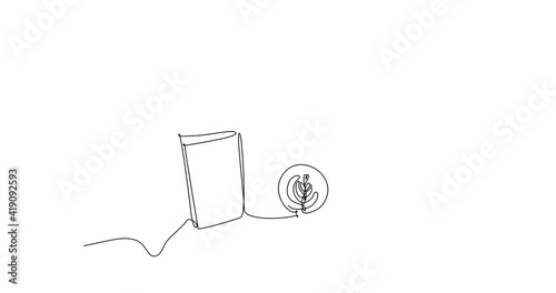Self-drawing animation of continuous line drawing of  person with book and cappuccino in hand. Continuous line drawing, black line on white background	