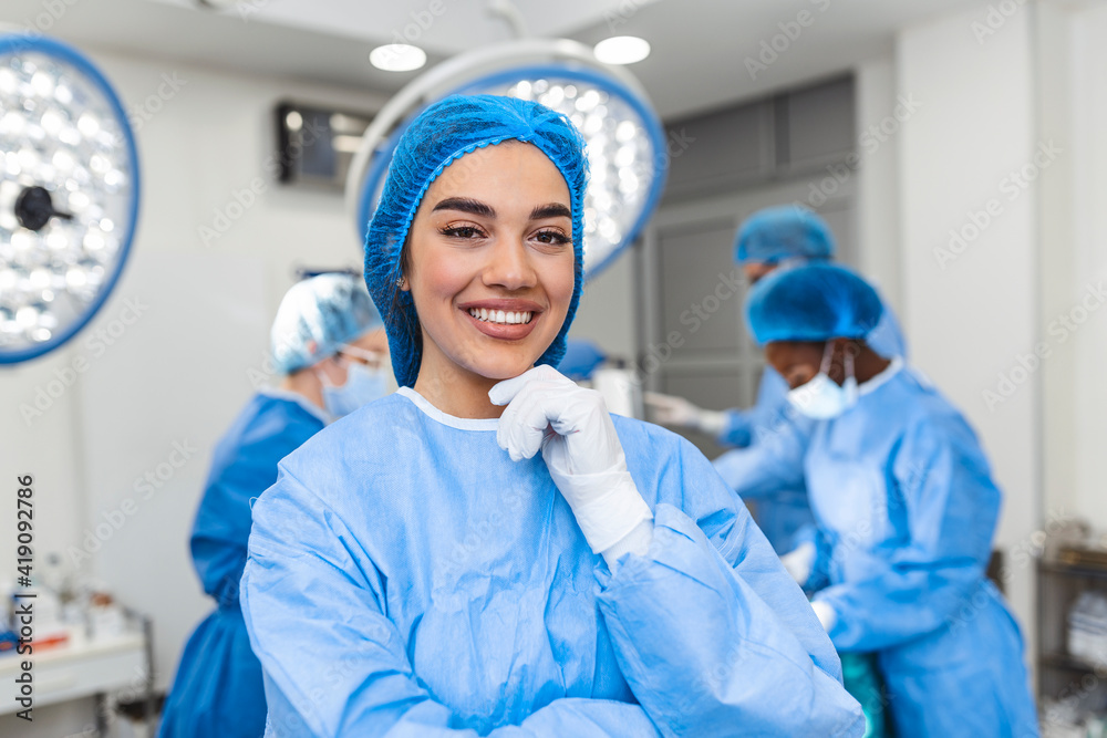 Surgical Airnet Portrait of female woman nurse surgeon OR staff member dressed in ...