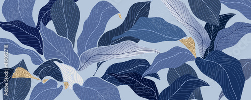Luxury blue leaf background vector with golden metallic decorate wall art