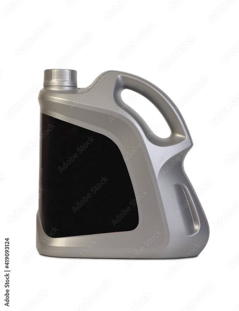 Plastic canister with engine oil. Isolated object on white background Plastic canister with engine oil. Isolated object on white background