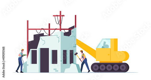Building Demolition Concept. Builders Male Characters in Uniform and Heavy Machinery Demolishing Home Hitting Walls