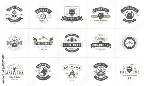 Camping logos and badges templates vector design elements and silhouettes set