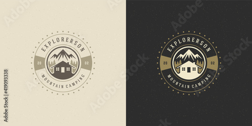 Forest camping logo emblem vector summer camping illustration mountains with cabin and pine trees silhouettes