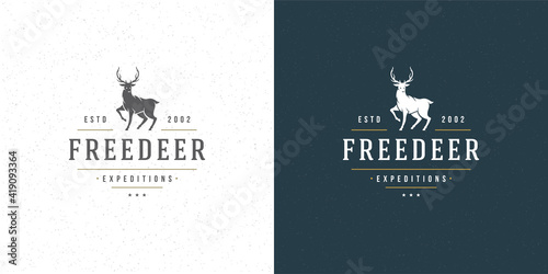 Deer with horns logo emblem vector illustration reindeer silhouette for shirt or print stamp