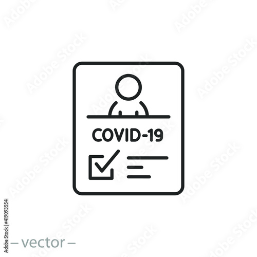 vaccine passport icon, vaccination certificate against covid-19 with check mark, medical card or passport for travel in time pandemic, thin line symbol on white background